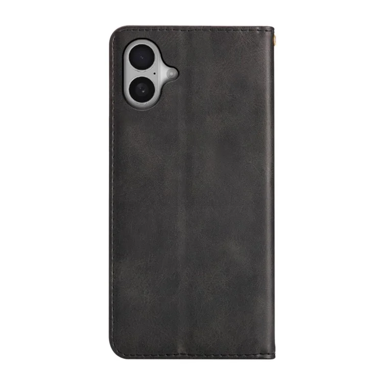 For iPhone 16 Case Wallet Calf Texture Leather Phone Cover with Hidden Magnetic Closure - Black