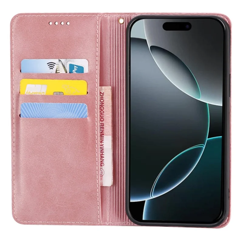 For iPhone 14 Pro Max Case Wallet Calf Texture Leather Phone Cover with Hidden Magnetic Closure - Rose Gold