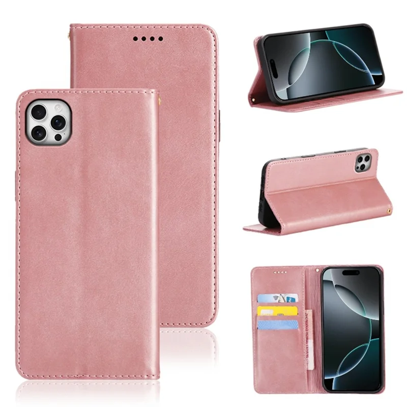 For iPhone 14 Pro Max Case Wallet Calf Texture Leather Phone Cover with Hidden Magnetic Closure - Rose Gold