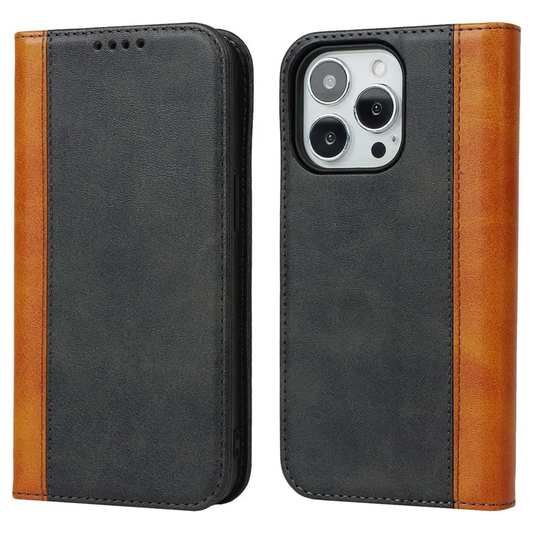 Para iPhone 14 Pro Max Calf Texture PU Leather Shockproof Wallet Case Bi-color Splicing Magnetic Auto-absorbed Foldable Stand Cover - Preto / Amarelo