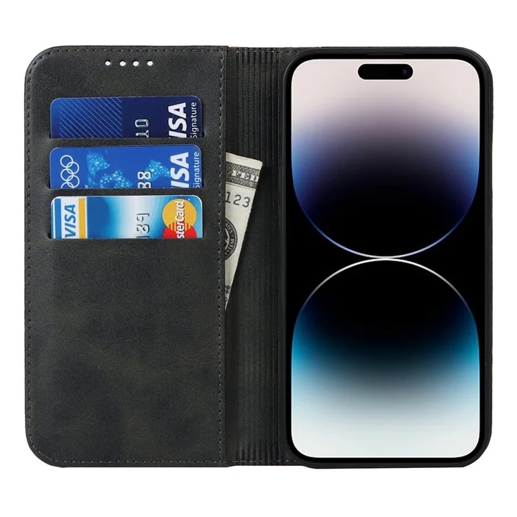 Para iPhone 14 Pro Max Calf Texture PU Leather Shockproof Wallet Case Bi-color Splicing Magnetic Auto-absorbed Foldable Stand Cover - Preto / Amarelo