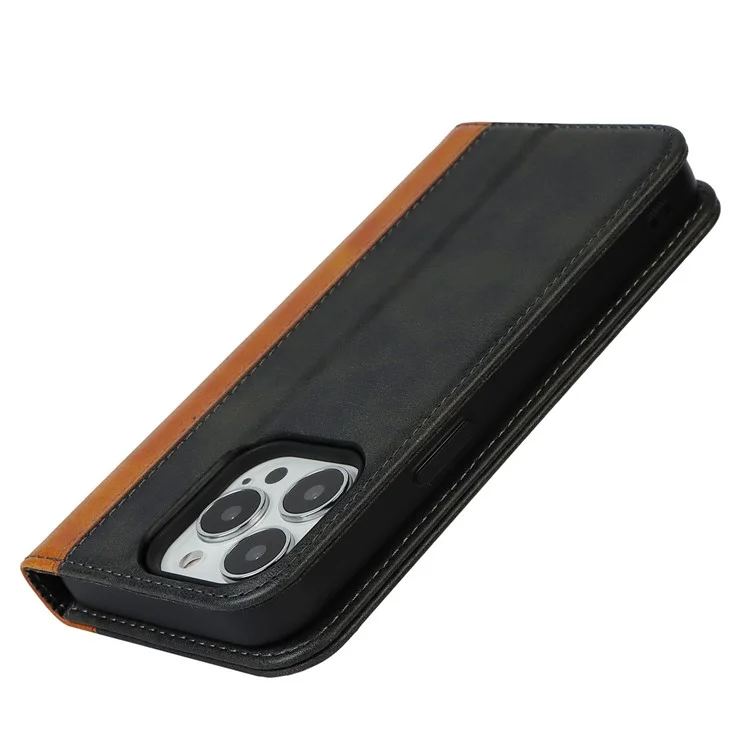 Para iPhone 14 Pro Max Calf Texture PU Leather Shockproof Wallet Case Bi-color Splicing Magnetic Auto-absorbed Foldable Stand Cover - Preto / Amarelo