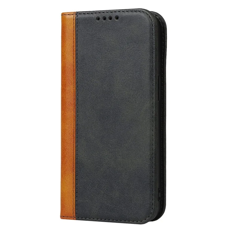 Para iPhone 14 Pro Max Calf Texture PU Leather Shockproof Wallet Case Bi-color Splicing Magnetic Auto-absorbed Foldable Stand Cover - Preto / Amarelo