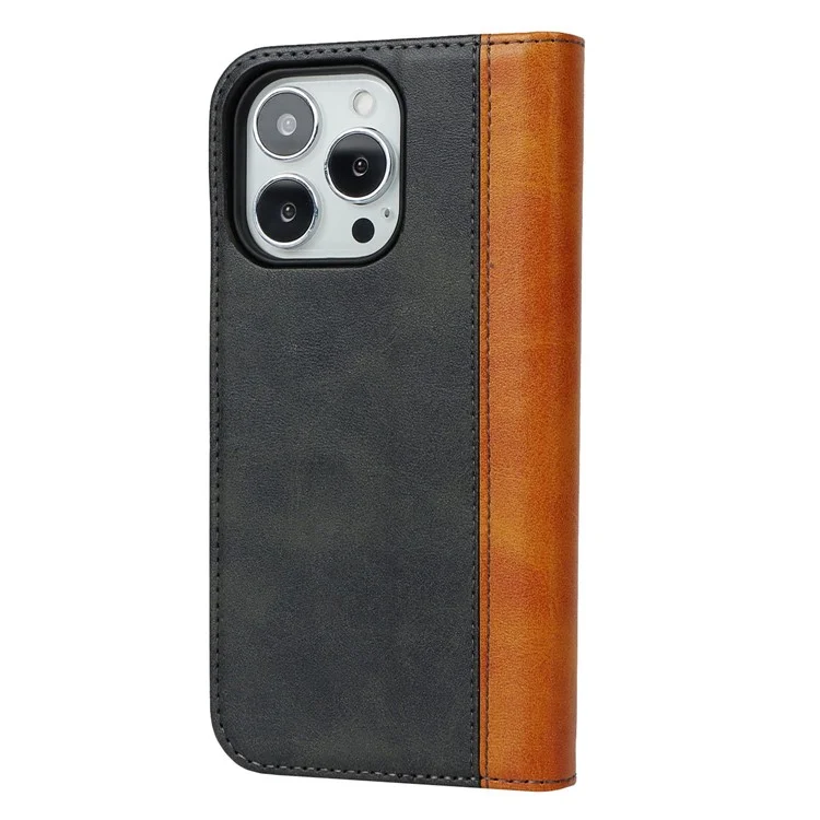 Para iPhone 14 Pro Max Calf Texture PU Leather Shockproof Wallet Case Bi-color Splicing Magnetic Auto-absorbed Foldable Stand Cover - Preto / Amarelo