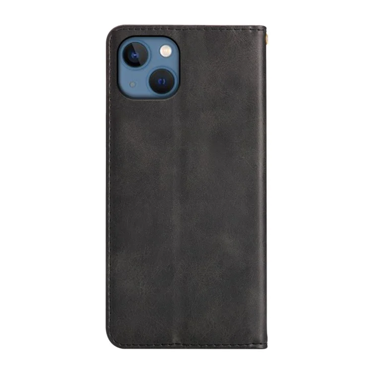 For iPhone 14 Case Wallet Calf Texture Leather Phone Cover with Hidden Magnetic Closure - Black