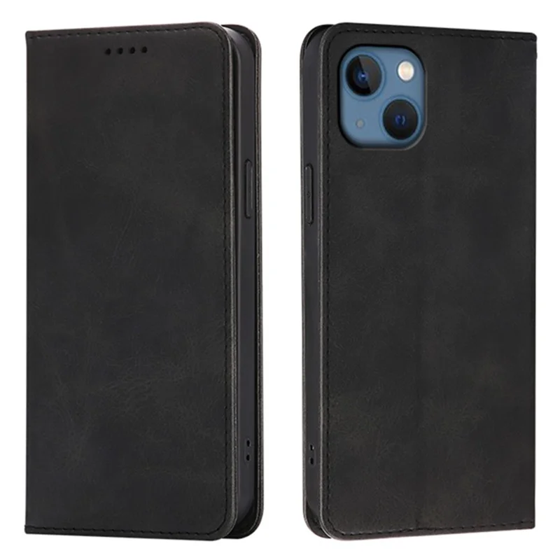 For iPhone 13 Case Wallet Calf Texture Leather Phone Cover with Hidden Magnetic Closure - Black