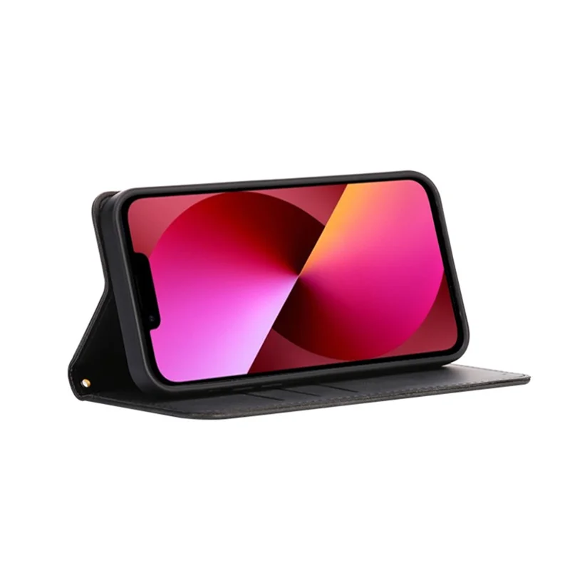 For iPhone 13 Case Wallet Calf Texture Leather Phone Cover with Hidden Magnetic Closure - Black