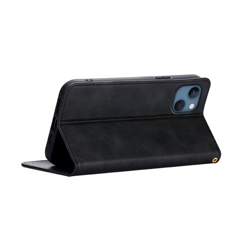 For iPhone 13 Case Wallet Calf Texture Leather Phone Cover with Hidden Magnetic Closure - Black