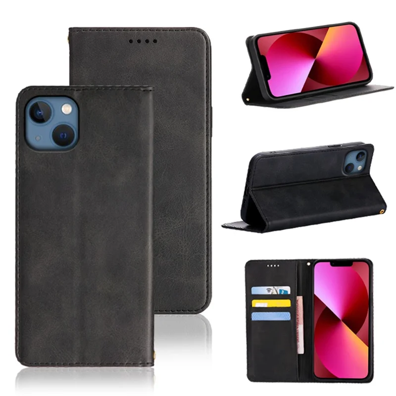 For iPhone 13 Case Wallet Calf Texture Leather Phone Cover with Hidden Magnetic Closure - Black