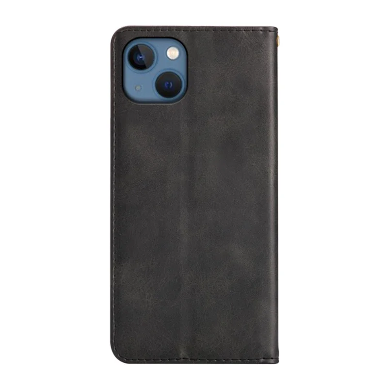 For iPhone 13 Case Wallet Calf Texture Leather Phone Cover with Hidden Magnetic Closure - Black