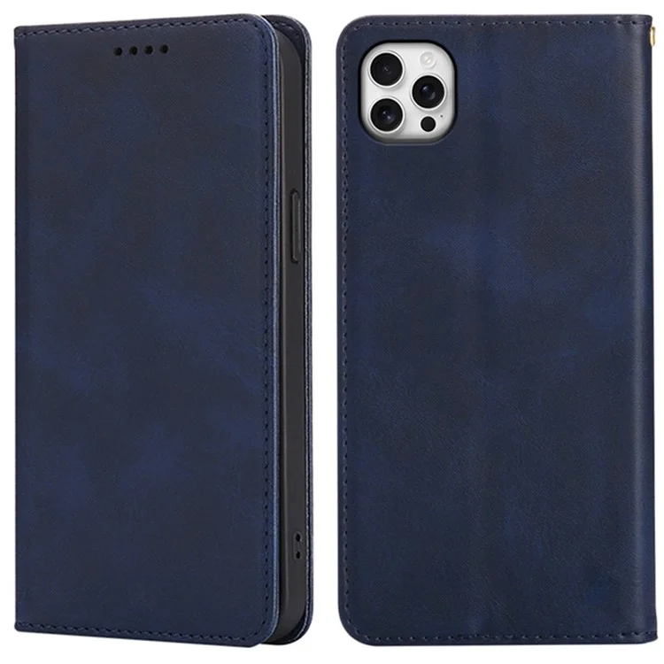 Funda tipo cartera para iPhone 13 Pro Max de cuero de ternero con textura, con cierre magnético oculto - Azul