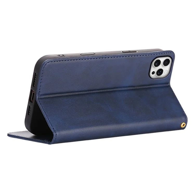 Funda tipo cartera para iPhone 13 Pro Max de cuero de ternero con textura, con cierre magnético oculto - Azul