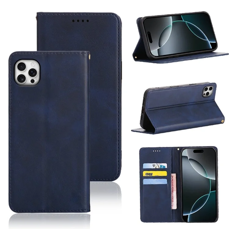Funda tipo cartera para iPhone 13 Pro Max de cuero de ternero con textura, con cierre magnético oculto - Azul