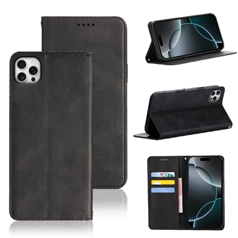 For iPhone 13 Pro Case Wallet Calf Texture Leather Phone Cover with Hidden Magnetic Closure - Black