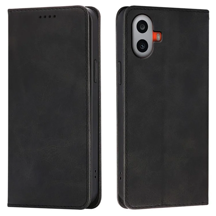 For Nothing CMF Phone 1 Case Wallet Calf Texture Leather Phone Cover with Hidden Magnetic Closure - Black