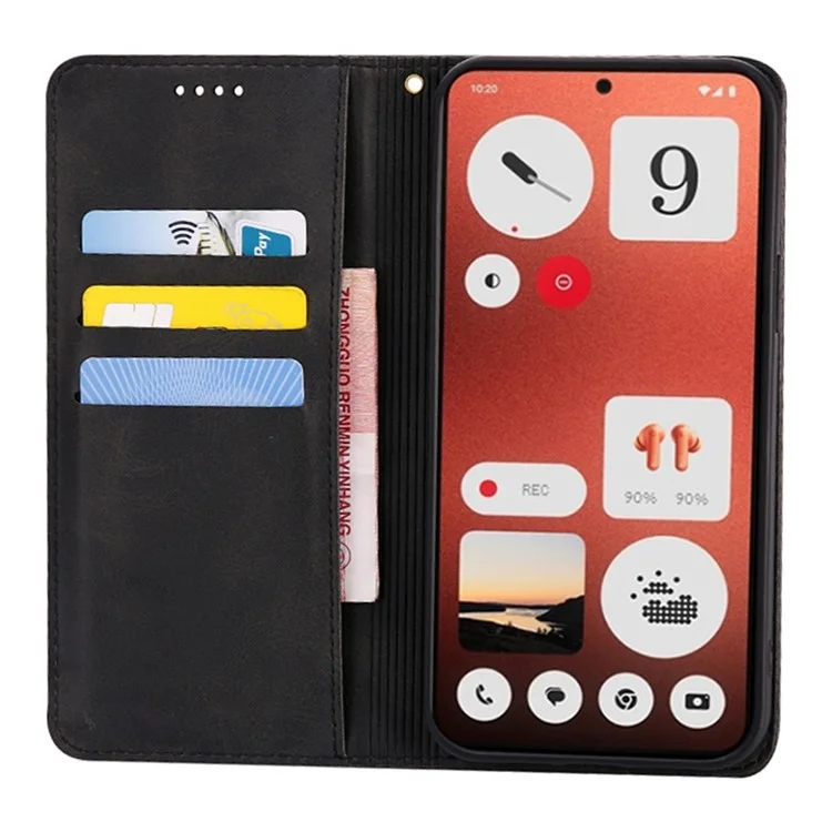 For Nothing CMF Phone 1 Case Wallet Calf Texture Leather Phone Cover with Hidden Magnetic Closure - Black
