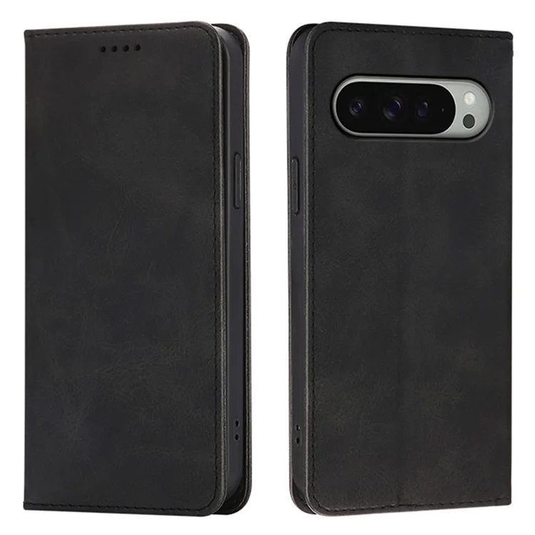 For Google Pixel 9 / 9 Pro Case Wallet Calf Texture Leather Phone Cover with Hidden Magnetic Closure - Black