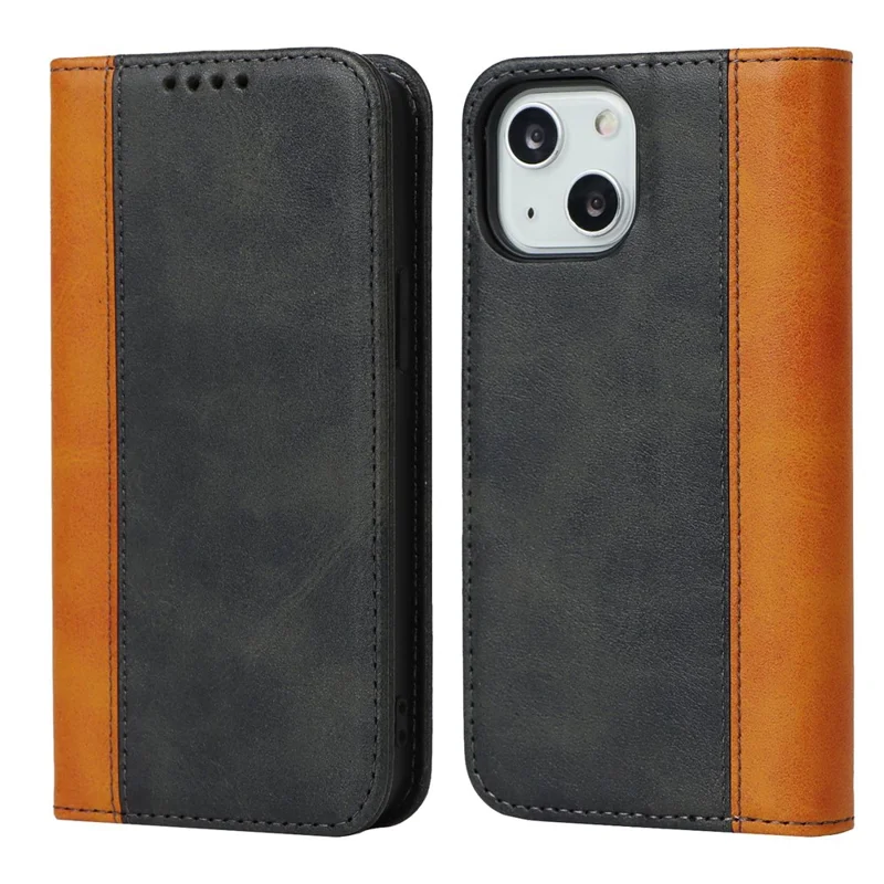 For iPhone 14 Plus Bi-color Splicing Calf Texture PU Leather Drop-proof Case Magnetic Auto-absorbed Phone Wallet Stand Cover - Black / Yellow