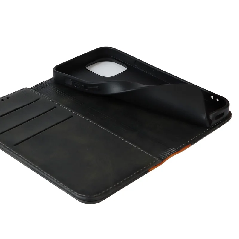 For iPhone 14 Plus Bi-color Splicing Calf Texture PU Leather Drop-proof Case Magnetic Auto-absorbed Phone Wallet Stand Cover - Black / Yellow