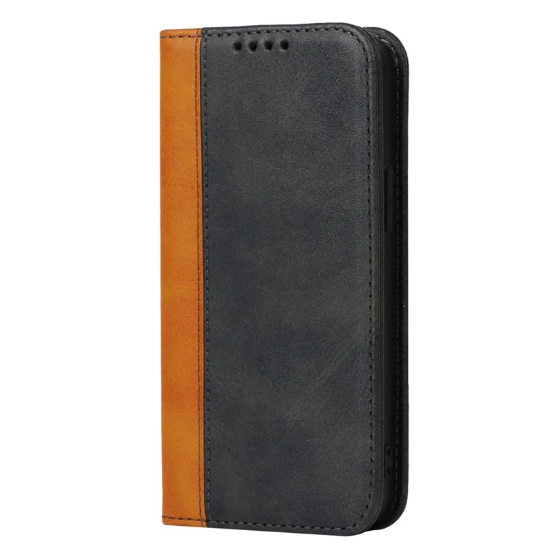 For iPhone 14 Plus Bi-color Splicing Calf Texture PU Leather Drop-proof Case Magnetic Auto-absorbed Phone Wallet Stand Cover - Black / Yellow