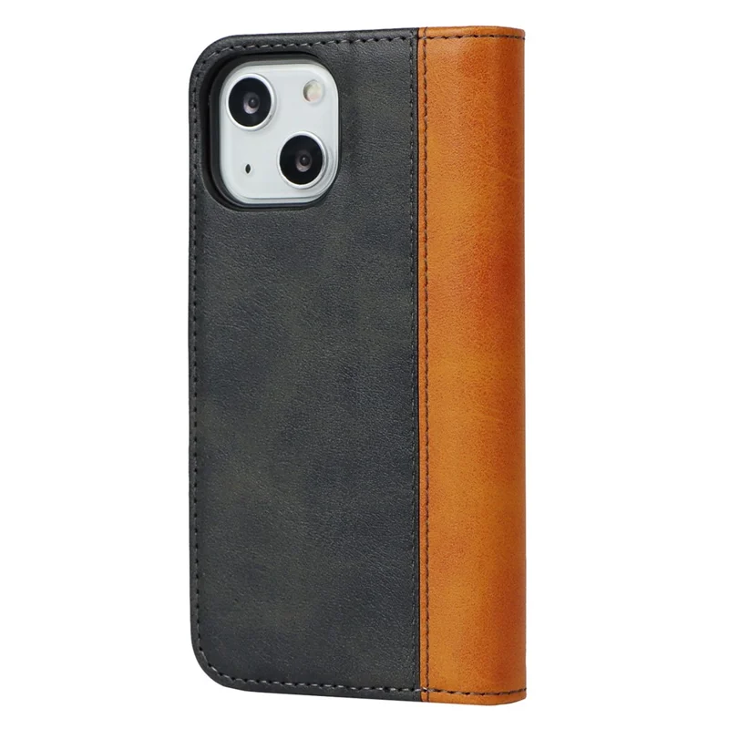 For iPhone 14 Plus Bi-color Splicing Calf Texture PU Leather Drop-proof Case Magnetic Auto-absorbed Phone Wallet Stand Cover - Black / Yellow