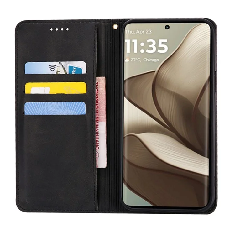 Étui portefeuille pour Motorola Edge 50 Neo 5G, Cuir texturé de veau avec fermeture magnétique cachée - Noir