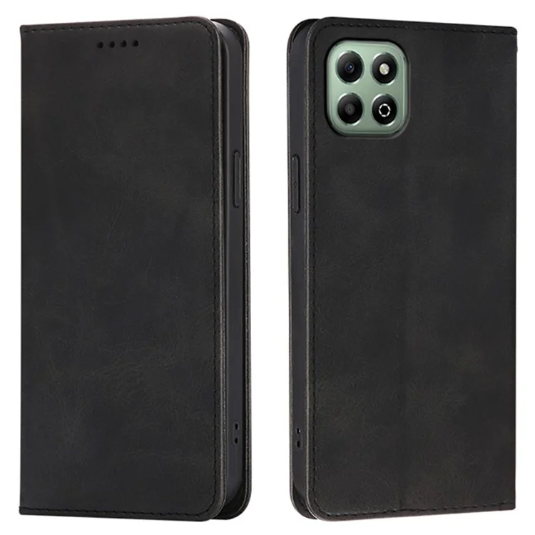 For Honor X6b 4G Case Wallet Calf Texture Leather Phone Cover with Hidden Magnetic Closure - Black