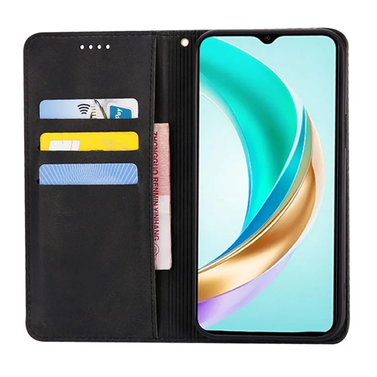 For Honor X6b 4G Case Wallet Calf Texture Leather Phone Cover with Hidden Magnetic Closure - Black