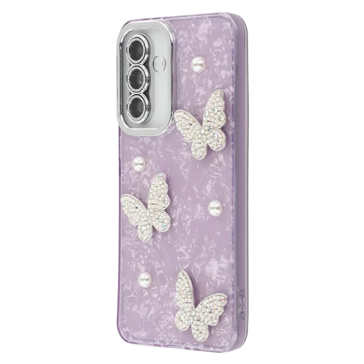 For Samsung Galaxy S25 / S24 Case Butterfly Pearl Decor IMD PC + TPU Phone Cover with Glass Lens Film - Shell Pattern / Purple