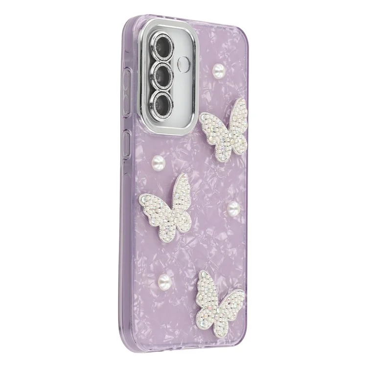 For Samsung Galaxy S25+ / S24+ Case Butterfly Pearl Decor IMD PC + TPU Phone Cover with Glass Lens Film - Shell Pattern / Purple