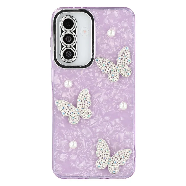 For Samsung Galaxy S25+ / S24+ Case Butterfly Pearl Decor IMD PC + TPU Phone Cover with Glass Lens Film - Shell Pattern / Purple