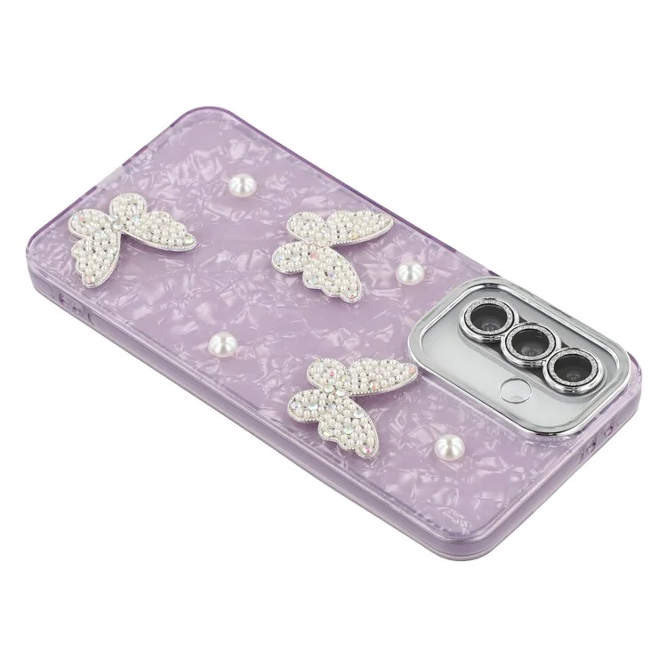 For Samsung Galaxy S25+ / S24+ Case Butterfly Pearl Decor IMD PC + TPU Phone Cover with Glass Lens Film - Shell Pattern / Purple