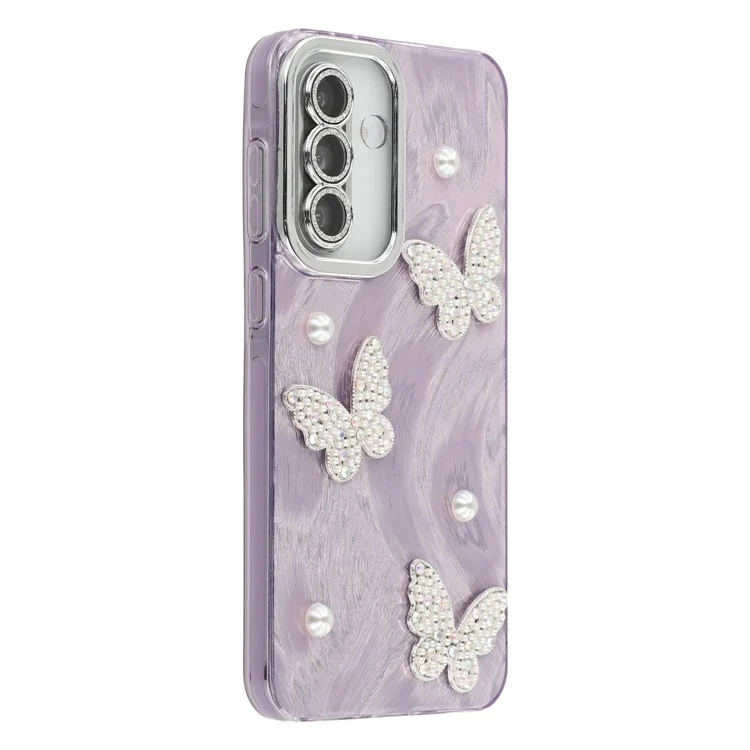 For Samsung Galaxy S25+ / S24+ Case Butterfly Pearl Decor IMD PC + TPU Phone Cover with Glass Lens Film - Feather Yarn Pattern / Purple