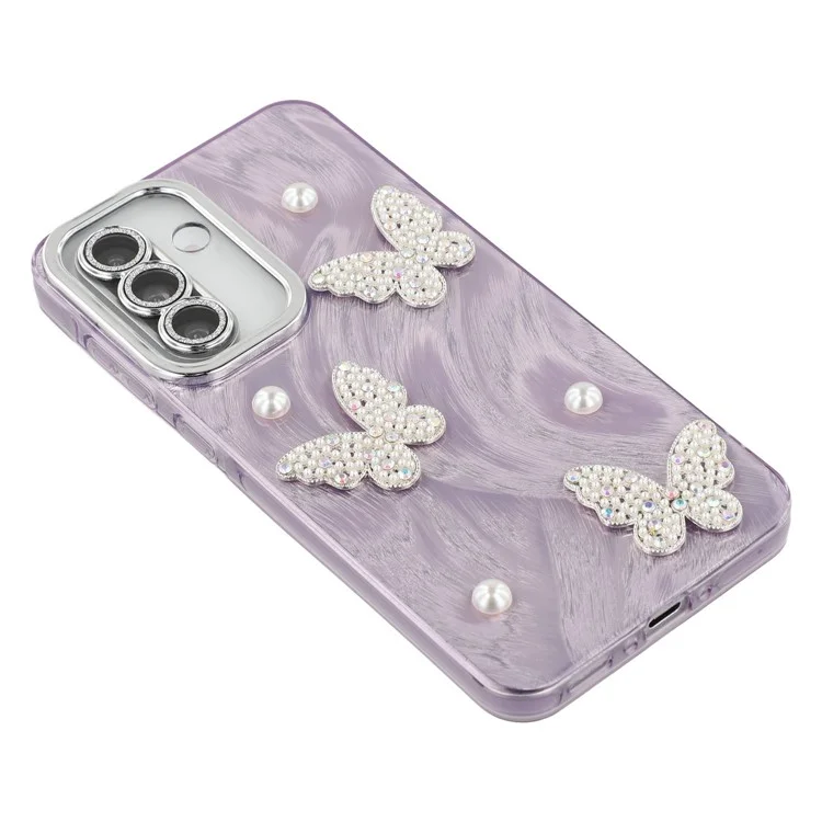 For Samsung Galaxy S25+ / S24+ Case Butterfly Pearl Decor IMD PC + TPU Phone Cover with Glass Lens Film - Feather Yarn Pattern / Purple