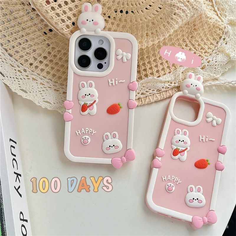 Für iPhone 16 Pro Max Silikon Hülle Süßes 3D Cartoon Karotten Hase Design Stoßfeste Handyrückseite Schutzhülle