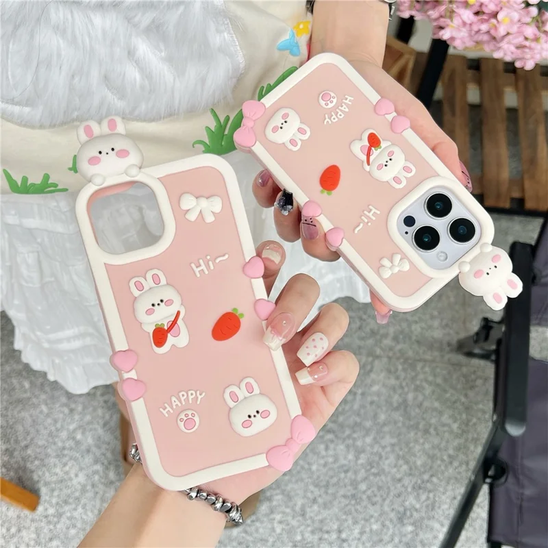 Für iPhone 16 Pro Max Silikon Hülle Süßes 3D Cartoon Karotten Hase Design Stoßfeste Handyrückseite Schutzhülle
