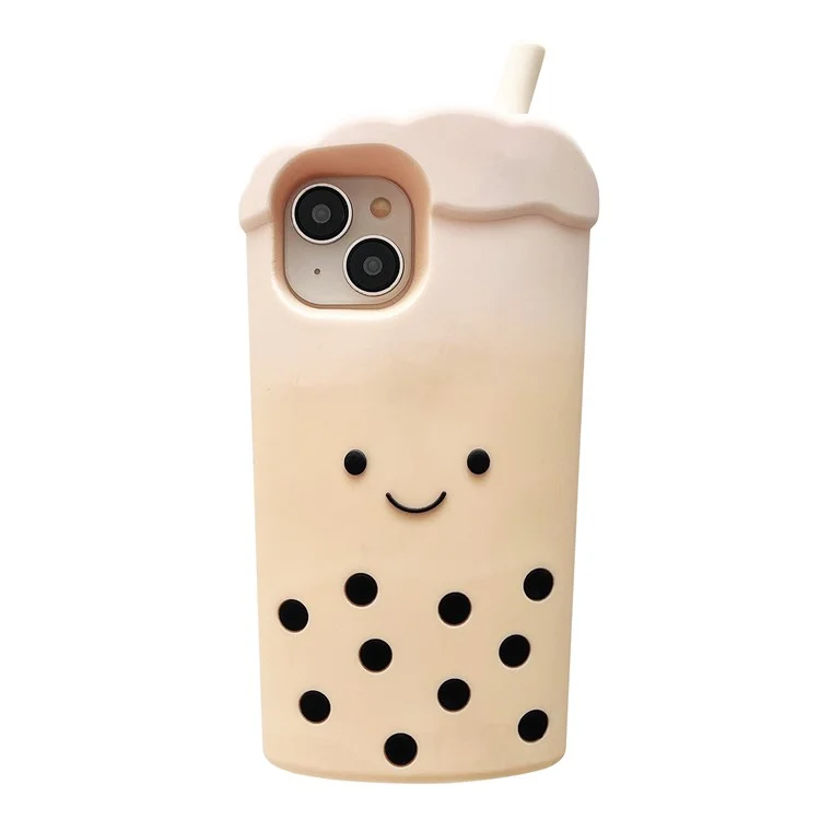 Étui en silicone pour iPhone 15 - Style mignon Milk Tea 3D avec perles, Coque de protection antichoc pour téléphone - Blanc