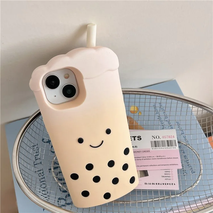 Étui en silicone pour iPhone 15 - Style mignon Milk Tea 3D avec perles, Coque de protection antichoc pour téléphone - Blanc