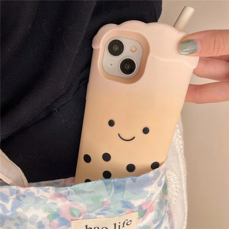 Étui en silicone pour iPhone 15 - Style mignon Milk Tea 3D avec perles, Coque de protection antichoc pour téléphone - Blanc