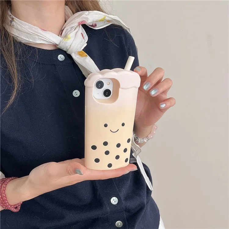 Étui en silicone pour iPhone 15 - Style mignon Milk Tea 3D avec perles, Coque de protection antichoc pour téléphone - Blanc
