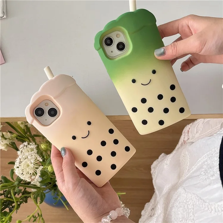Étui en silicone pour iPhone 15 - Style mignon Milk Tea 3D avec perles, Coque de protection antichoc pour téléphone - Blanc