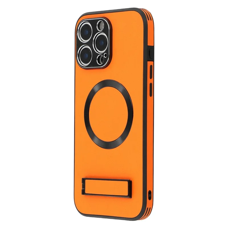 For iPhone 16 Pro Max Kickstand Case Compatible with MagSafe PC + TPU + PU Phone Back Cover - Orange