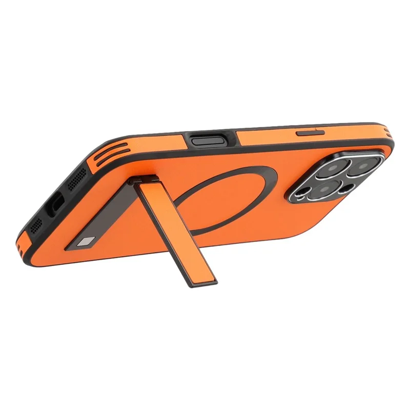 For iPhone 16 Pro Max Kickstand Case Compatible with MagSafe PC + TPU + PU Phone Back Cover - Orange