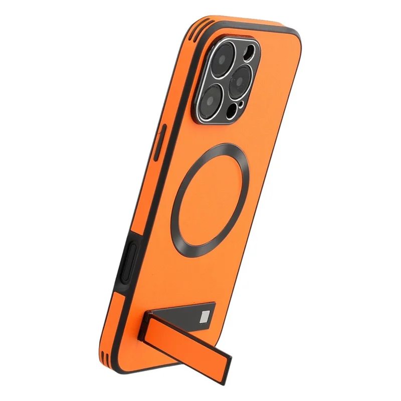 For iPhone 16 Pro Max Kickstand Case Compatible with MagSafe PC + TPU + PU Phone Back Cover - Orange