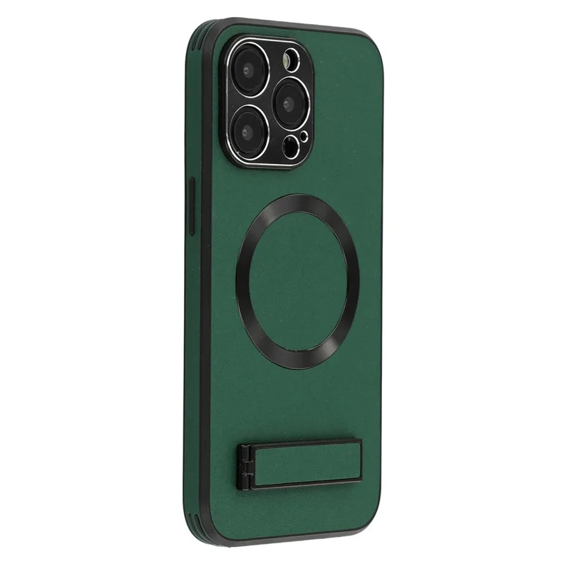 For iPhone 15 Pro Max Kickstand Case Compatible with MagSafe PC + TPU + PU Phone Back Cover - Green