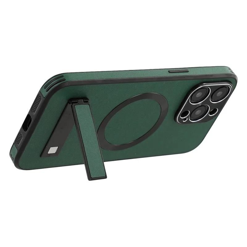 For iPhone 15 Pro Max Kickstand Case Compatible with MagSafe PC + TPU + PU Phone Back Cover - Green