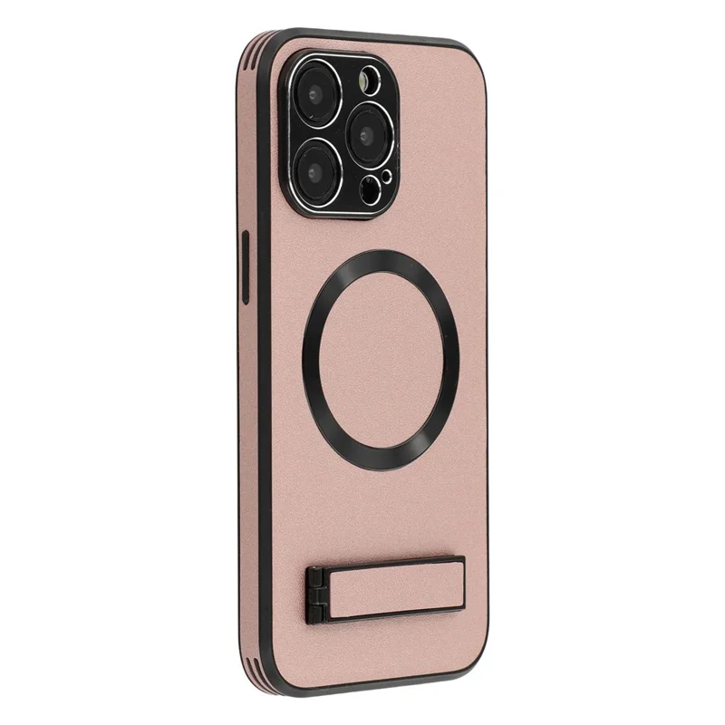 For iPhone 15 Pro Max Kickstand Case Compatible with MagSafe PC + TPU + PU Phone Back Cover - Rose Gold