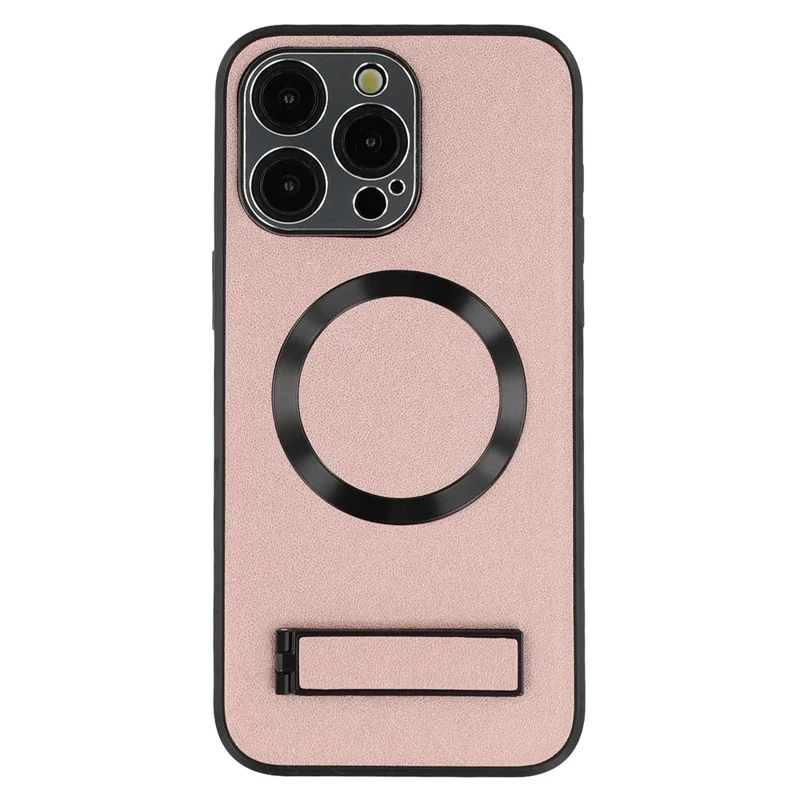 For iPhone 15 Pro Max Kickstand Case Compatible with MagSafe PC + TPU + PU Phone Back Cover - Rose Gold