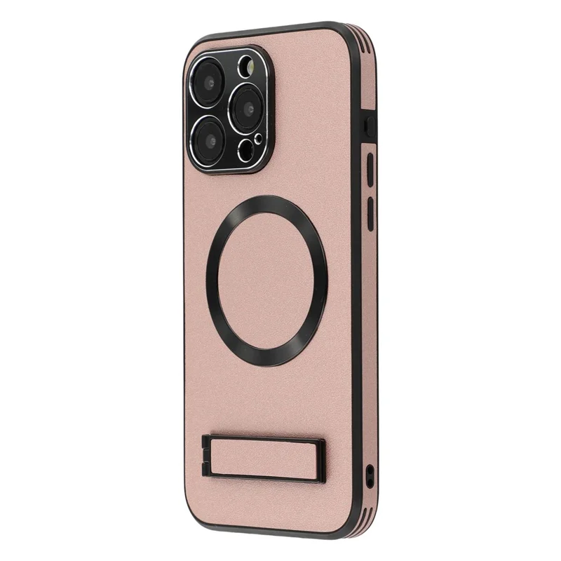 For iPhone 15 Pro Max Kickstand Case Compatible with MagSafe PC + TPU + PU Phone Back Cover - Rose Gold