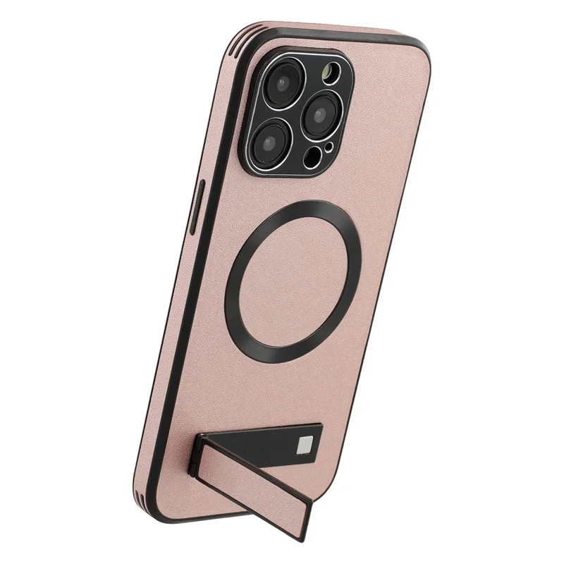 For iPhone 15 Pro Max Kickstand Case Compatible with MagSafe PC + TPU + PU Phone Back Cover - Rose Gold